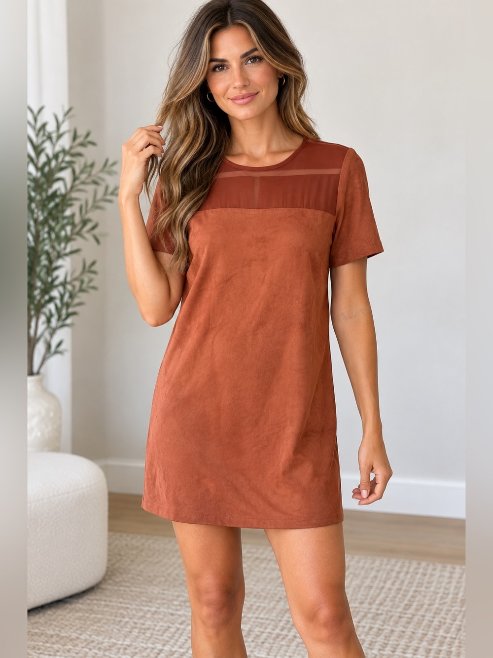 Bershka Rust Short Sleeve Mini Dress Tunic Size M Boho Fall Minimalist